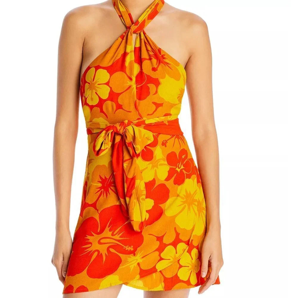 Faithfull The Brand Odette Mini Dress Surfs Up Orange & Yellow Floral Print S